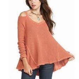 Free People Orange Moonshine V-neck Waffle Pullover. Size Medium